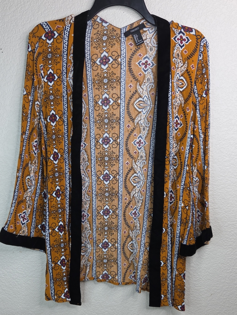 Forever 21 Mustard Patterned Open-Front Tunic with Black Trim